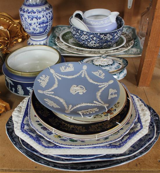 Wedgwood blue Jasperware fruit bowl, various transfer-printed meat dishes, sundry plates, china etc